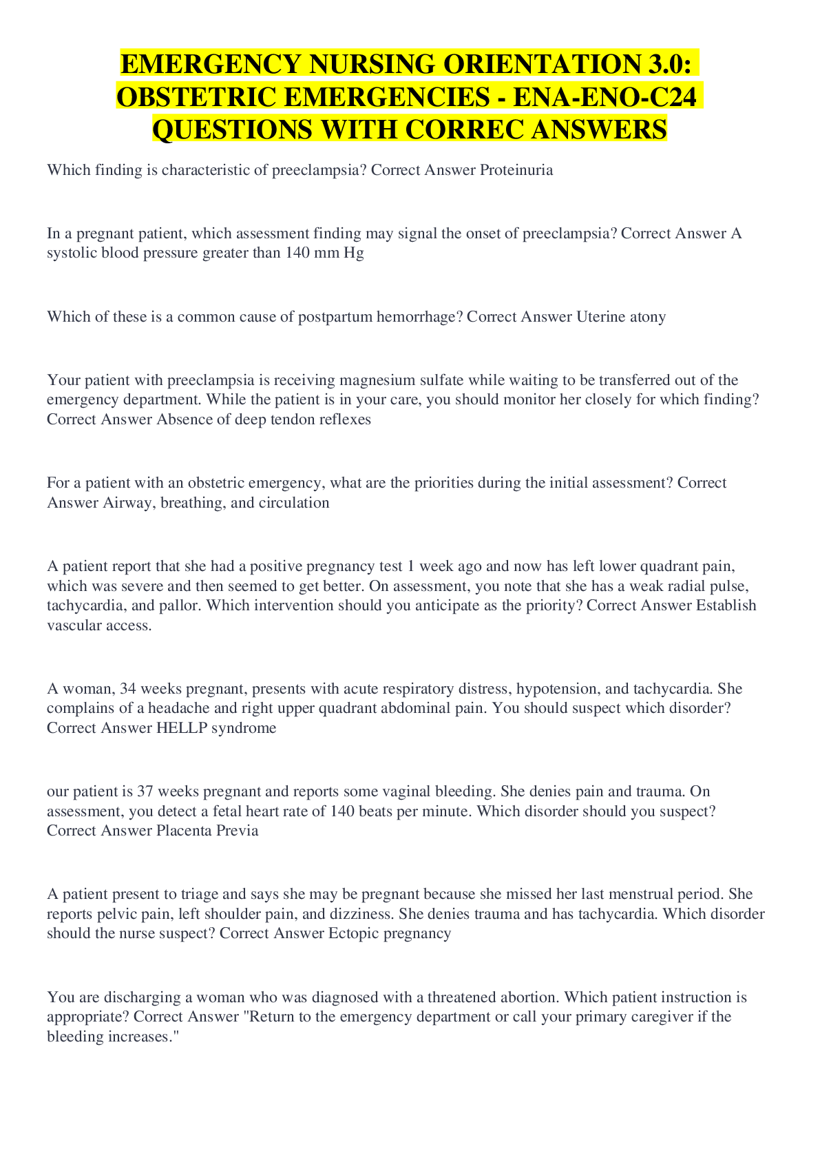 Preview image for EMERGENCY NURSING ORIENTATION 3.0: OBSTETRIC EMERGENCIES - ENA-ENO-C24 QUESTIONS WITH CORREC ANSWERS